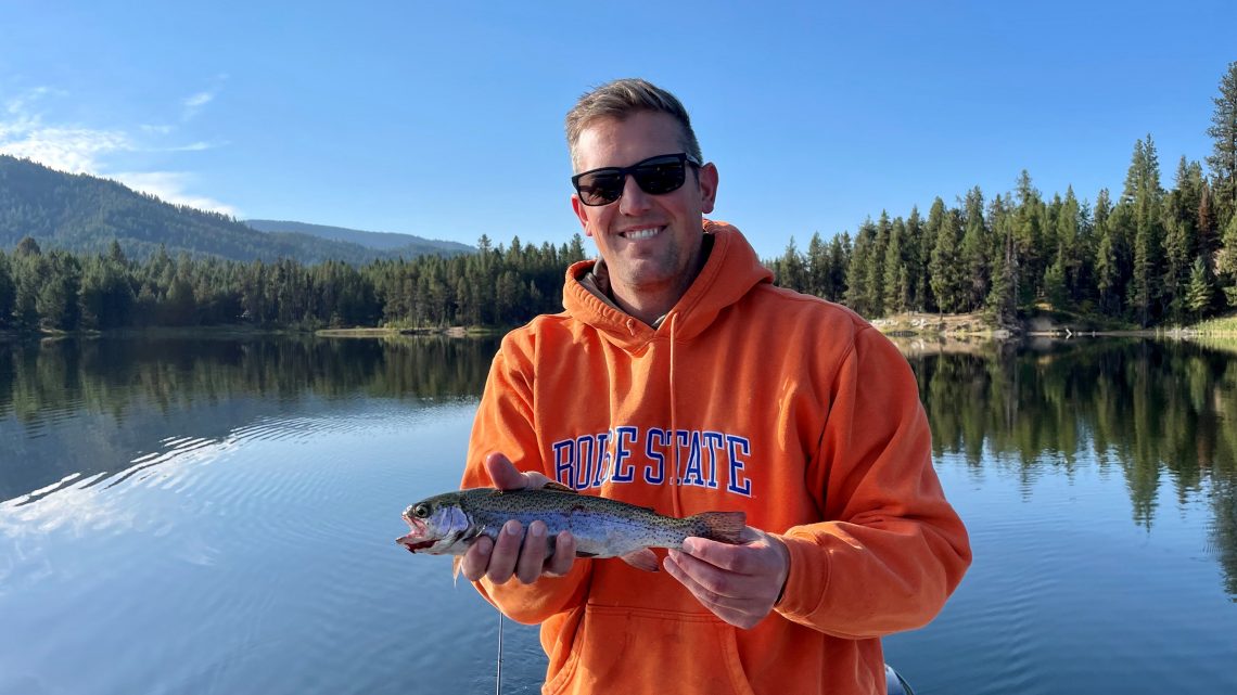 Angler Randal Clayton shows off one of a limit of rainbow trout caught at Horsethief Reservoir near Cascade