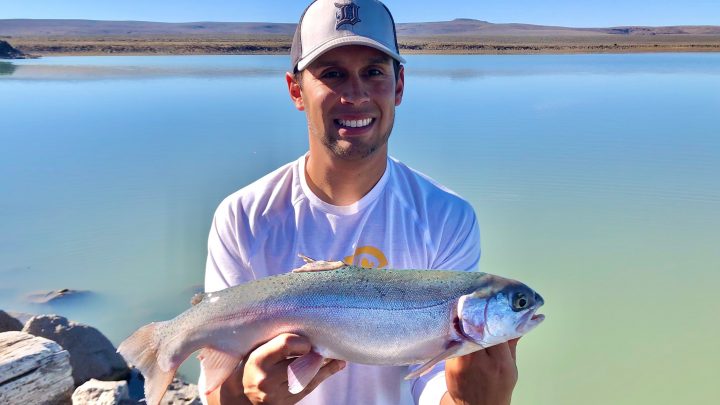 Jordan Rodriguez with a large rainbow trout caught at Grasmere Reservoir in November 2021.