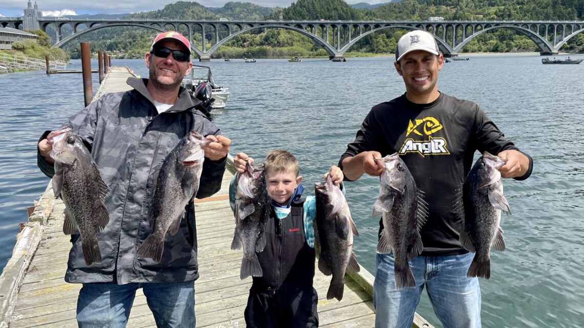 Nick Young, Jaxon Young and Jordan Rodriguez show off a nice limit of Pacific rockfish caught off the coast of Gold Beach, Oregon.