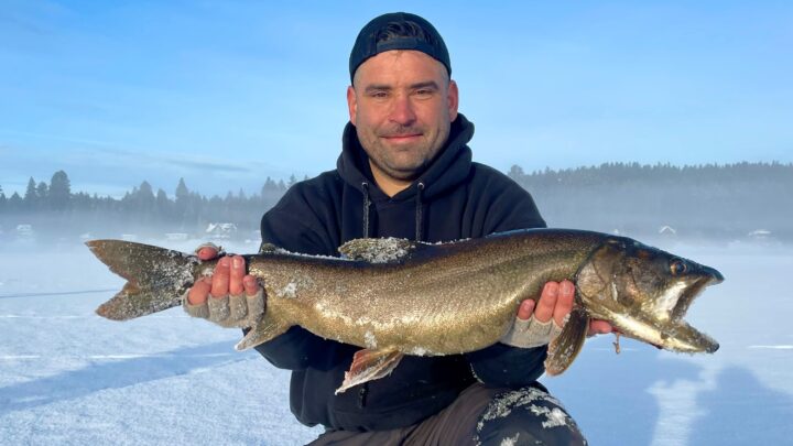 Caleb Nichols shows off a 30-inch Mackinaw trout from Payette Lake in McCall.