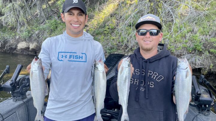 Jordan Rodriguez and Kyle Sandy show off some Kokanee salmon caught at Payette Lake.