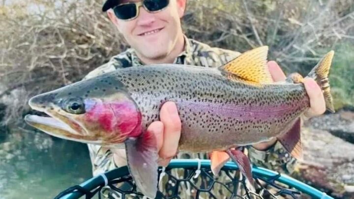 Michael Peterson holds a rainbow trout caught fly-fishing on the Boise River