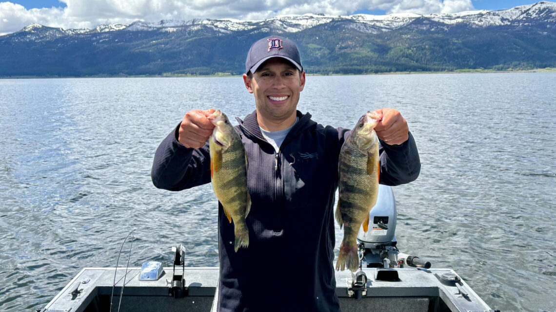 Jordan Rodriguez holding two jumbo perch caught at Lake Cascade