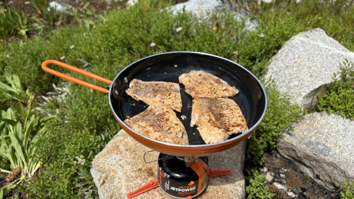 Filleted trout in a frying pan on a camp stove.